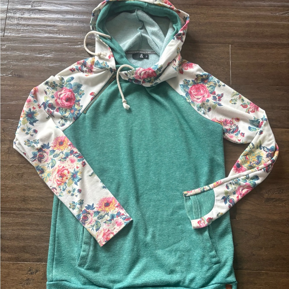 AMPERSAND AVE Teal Double Hoodie with Floral Sleeves